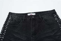 White Dots Print Distressed Washed‑Black Straight‑Leg Jeans, Y2K Streetwear Unisex Denim Pants