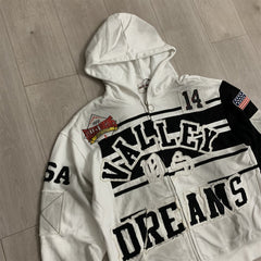 White‑Black Color‑Block Striped Valley Dreams Zip‑Up Hoodie Unisex Oversized Jacket