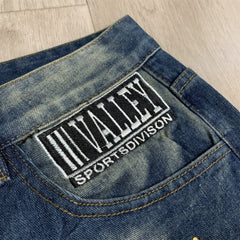 Valley Multi‑Patch Rhinestone Letter Baggy Jeans, Vintage Washed‑Blue Unisex Wide‑Leg Denim Pants
