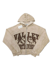 Valley Sports Division Graphic Zip‑Up Hoodie, Unisex Khaki Washed Streetwear Jacket
