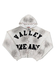 Valley Dreams Rhinestone Zip‑Up Hoodie, Unisex White Washed‑out Streetwear Jacket