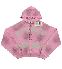 Valley Dreams Rhinestone Zip‑Up Cropped Hoodie, Unisex Pink Washed Streetwear Jacket