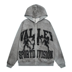 Valley Sport Division Graphic Zip‑Up Hoodie, Unisex Grey Vintage Streetwear Jacket