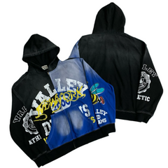 Valley New‑York Bee Patchwork Zip‑Up Hoodie, Unisex Black‑Blue Vintage Streetwear Jacket