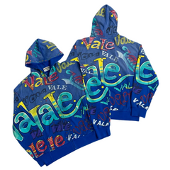 Valley All‑Over Graffiti Print Zip‑Up Hoodie, Unisex Blue Vintage Streetwear Jacket