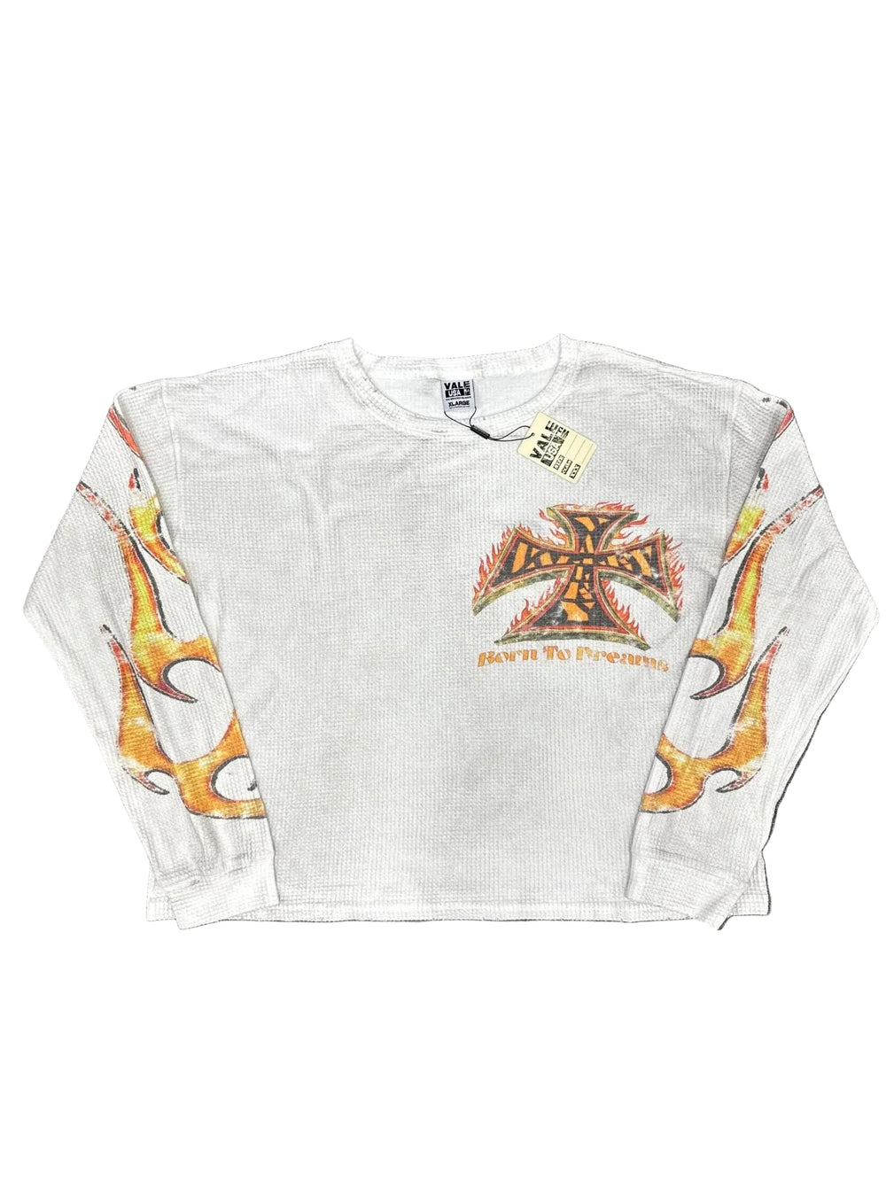 Vintage Flame Cross Print Waffle‑Knit Long‑Sleeve Top, Unisex Off‑White Y2K Streetwear Shirt