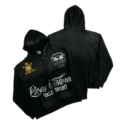 Valé Sport Olympic‑Crest Graphic Zip‑Up Hoodie, Unisex Black Vintage Streetwear Jacket
