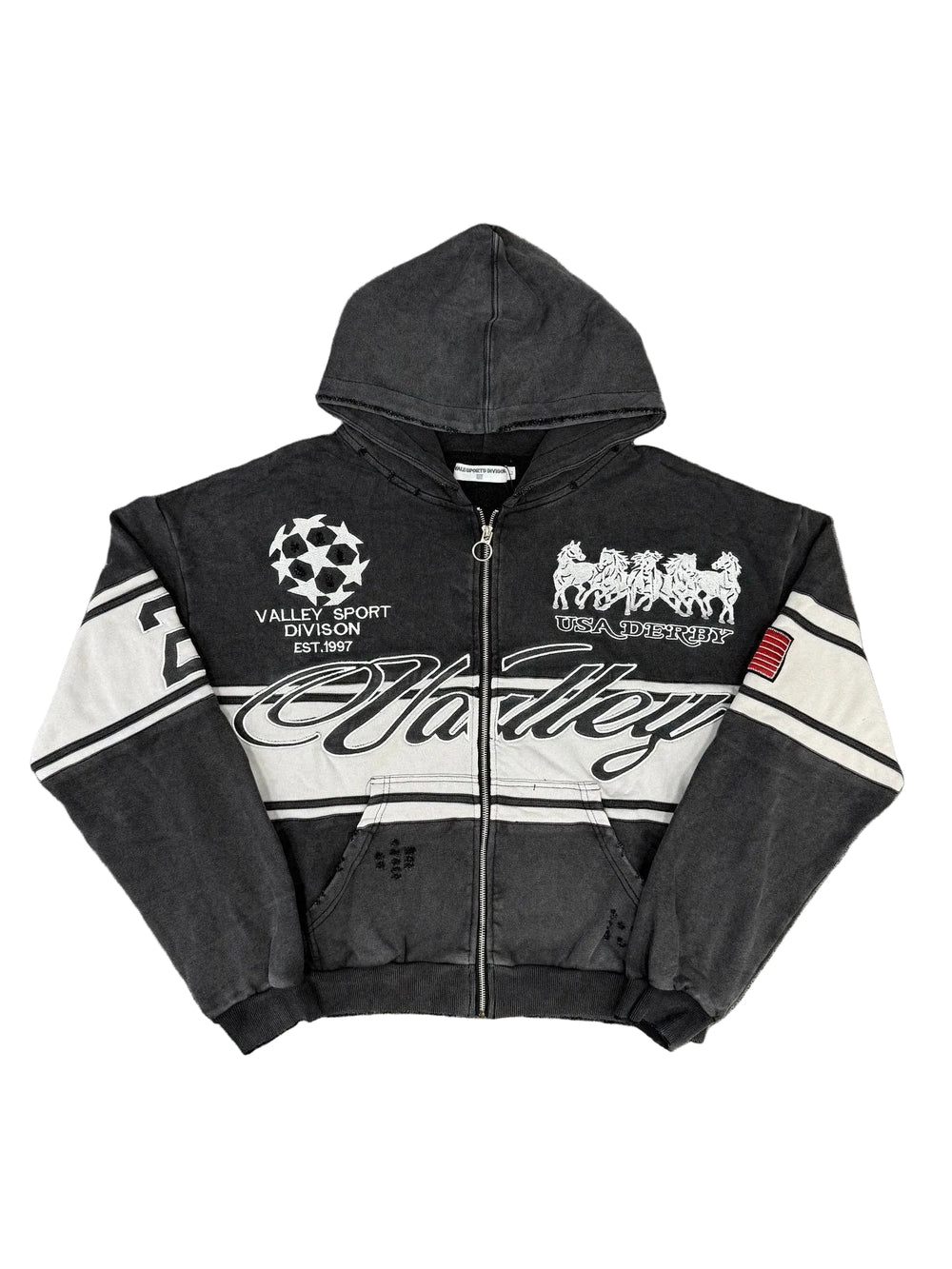 Valley Vintage Racing‑Style Zip‑Up Hoodie, Unisex Black Washed Streetwear Jacket