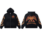 Valley Dreams Waffle‑Knit Flame‑Sleeve Zip‑Up Hoodie, Black Vintage Washed Oversized Streetwear Unisex Jacket
