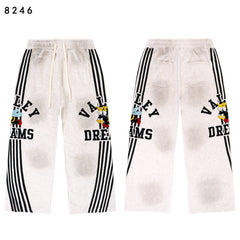 Valley Dreams Cartoon Bee Stripe‑Sleeve Wide‑Leg Sweatpants, Heather Grey Vintage Streetwear Unisex Trousers