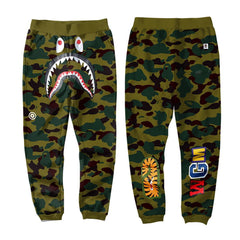 BAPE Army Green Camo Shark Face Graphic Jogger Pants Unisex Streetwear Sweatpants