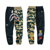 BAPE Black Khaki Split Camo Shark Face Graphic Jogger Pants Unisex Streetwear Sweatpants
