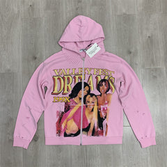 Pink Retro Portrait Graphic Zip‑Up Hoodie Unisex Oversized Jacket