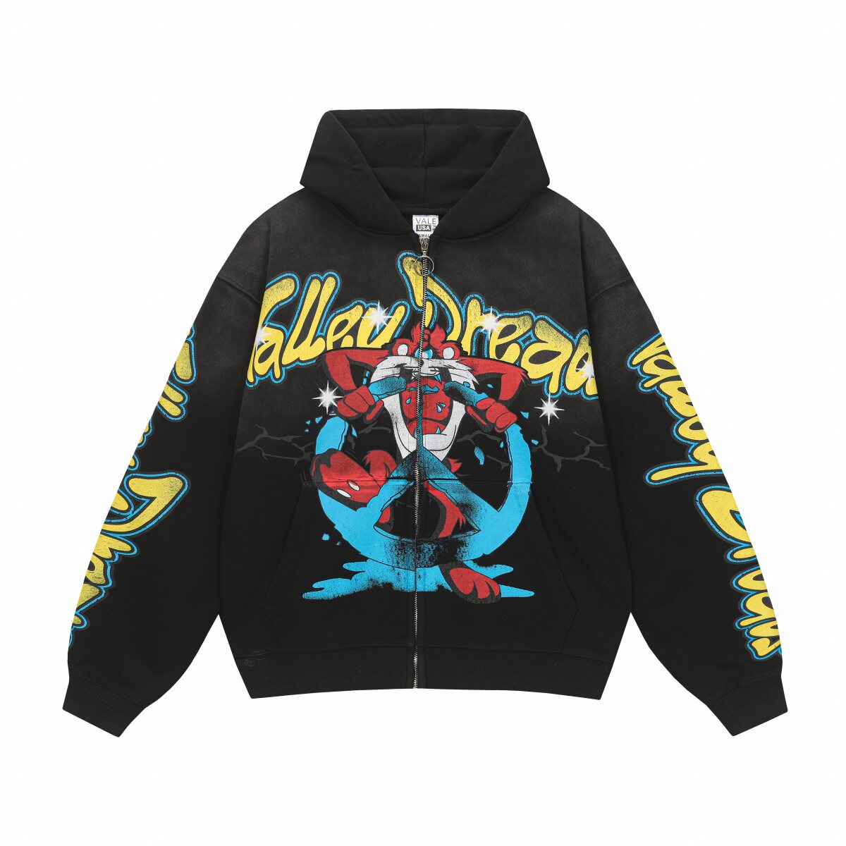 Valley Dreams Cartoon Cat Peace‑Sign Graphic Zip‑Up Hoodie, Black Vintage Oversized Streetwear Unisex Jacket