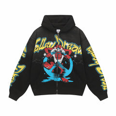 Valley Dreams Cartoon Cat Peace‑Sign Graphic Zip‑Up Hoodie, Black Vintage Oversized Streetwear Unisex Jacket