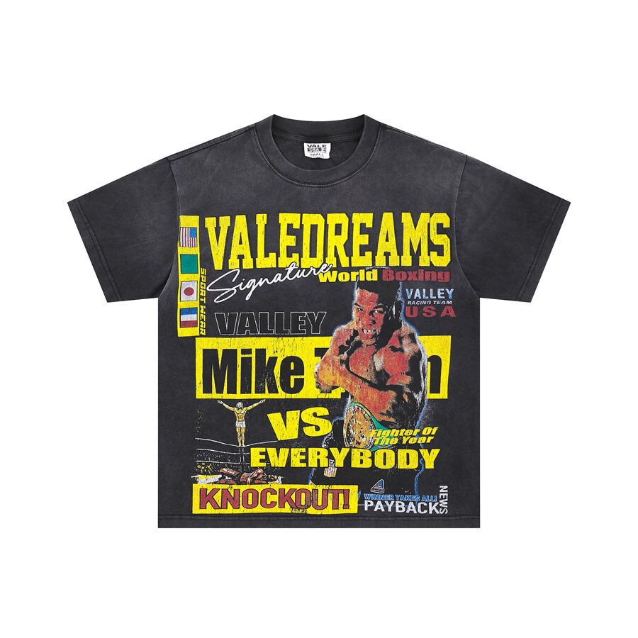Black Vintage‑Wash Mike Tyson Boxing Graphic "Valedreams" Oversized Unisex T‑Shirt