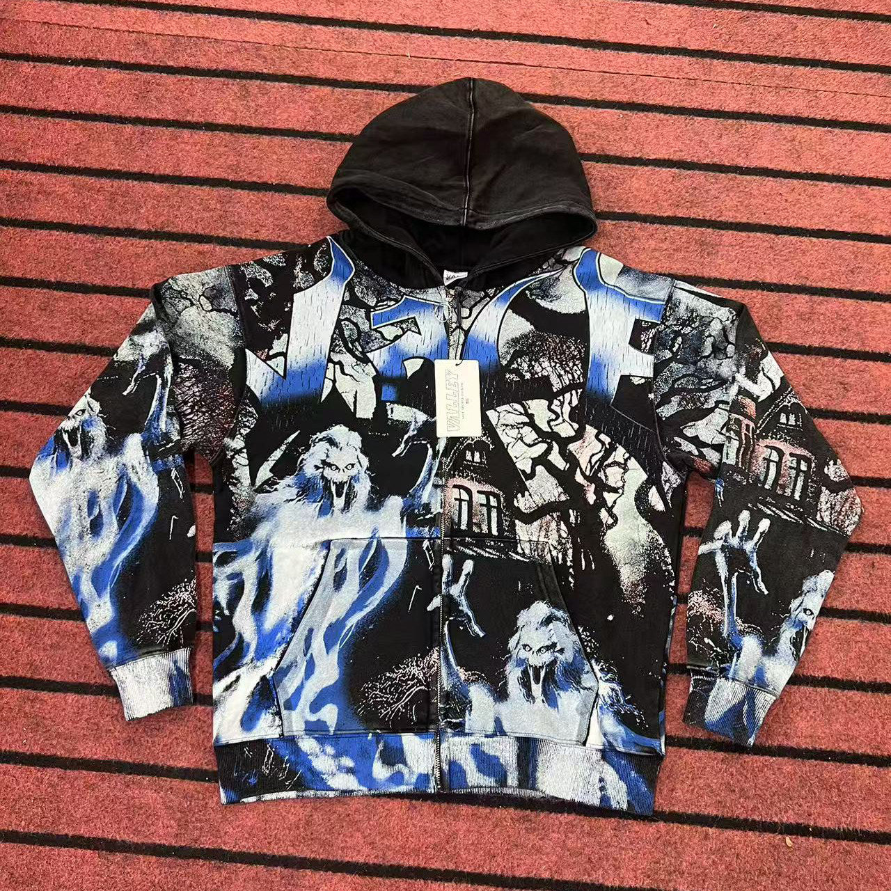 Ghost Haunted House All‑Over Print Zip‑Up Hoodie, Dark Gothic Horror Oversized Streetwear Unisex Jacket