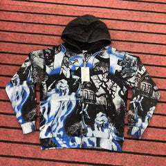 Ghost Haunted House All‑Over Print Zip‑Up Hoodie, Dark Gothic Horror Oversized Streetwear Unisex Jacket