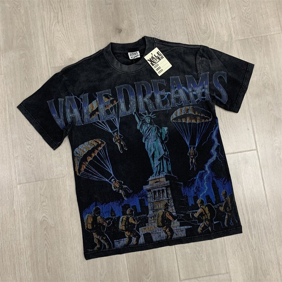Black Vintage‑Wash Vale Dreams Statue of Liberty Graphic Oversized Unisex T‑Shirt