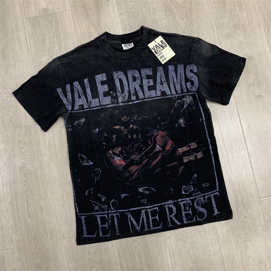 Black Vintage‑Wash Vale Dreams "Let Me Rest" Graphic Oversized Unisex T‑Shirt