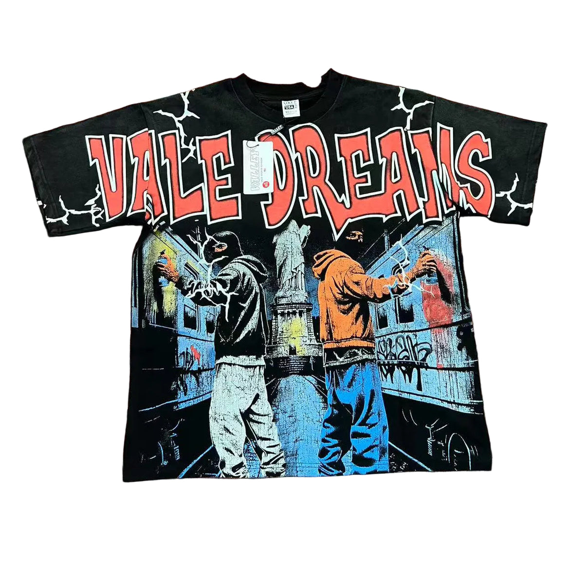 Black Vintage‑Wash Vale Dreams Graffiti Street Scene Oversized Unisex T‑Shirt
