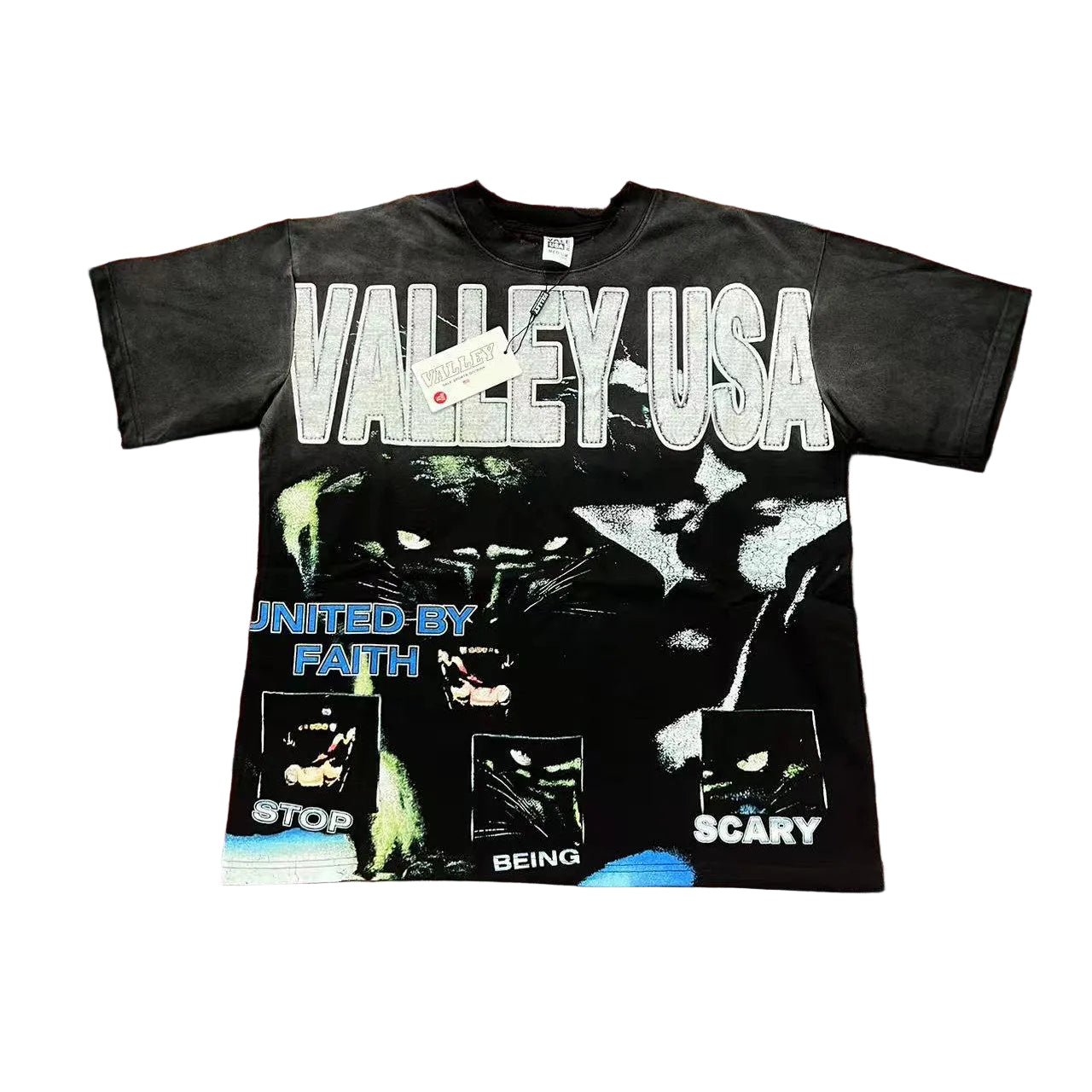 Black Vintage‑Wash Valley USA United By Faith Oversized Unisex T‑Shirt