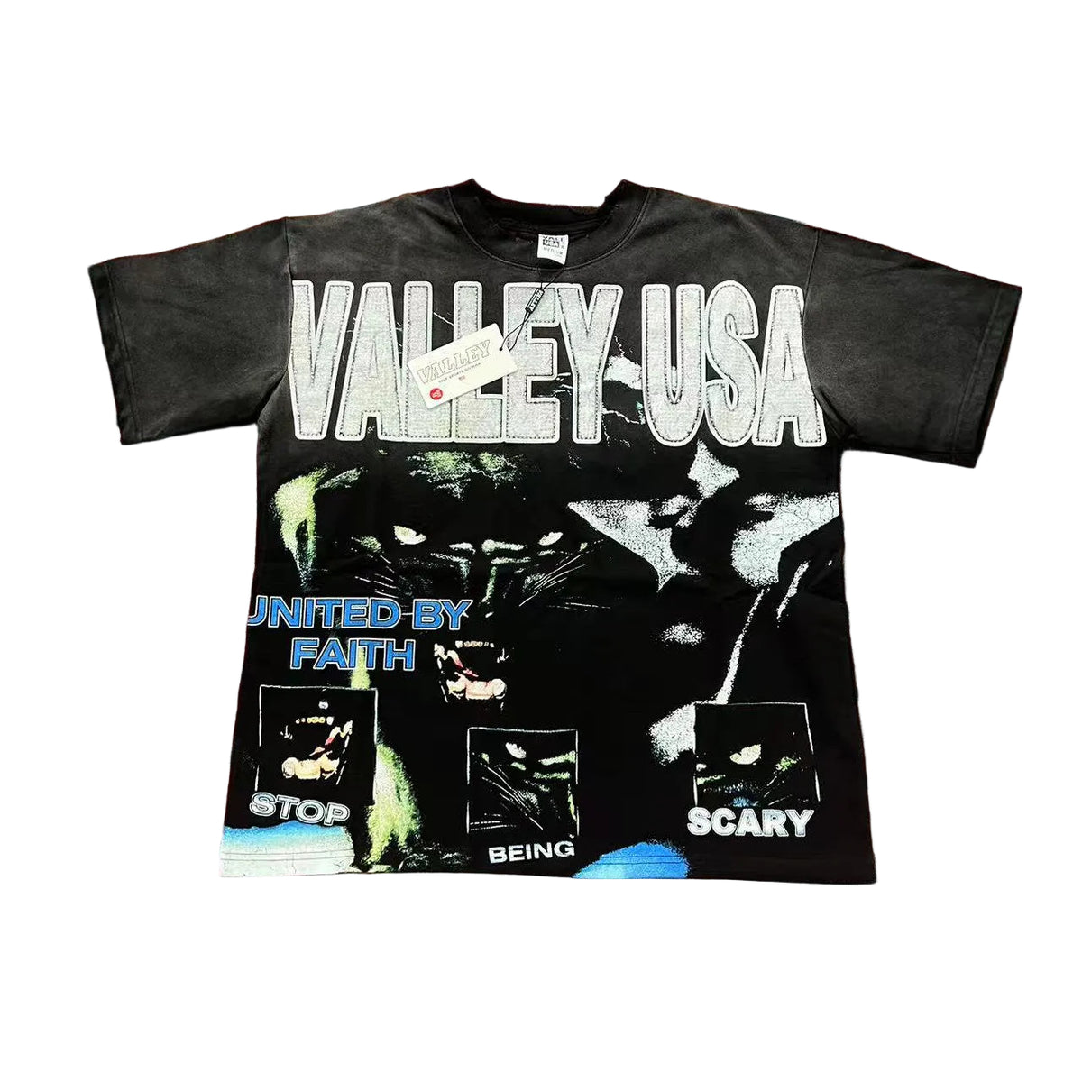 Black Vintage‑Wash Valley USA United By Faith Oversized Unisex T‑Shirt