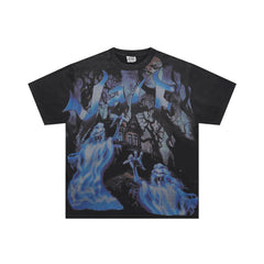 Black Vintage‑Wash Ghost Wizard Graphic Oversized Unisex T‑Shirt