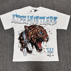 White Vintage Leopard Graphic Oversized Unisex T‑Shirt