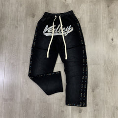 Valley Dreams Rhinestone Letter Flare Sweatpants, Vintage Black Washed Streetwear Unisex Trousers