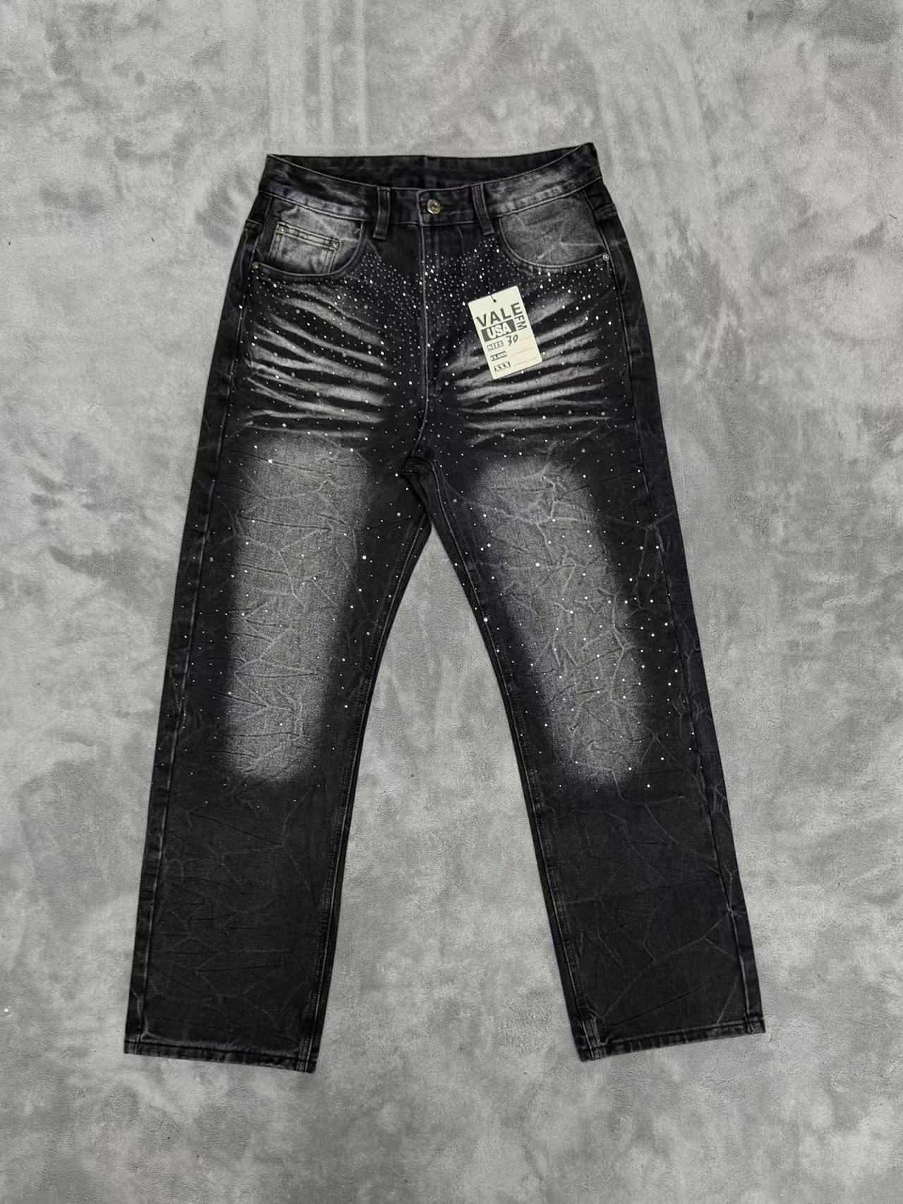 Zebra‑Striped Rhinestone Embellished Baggy Denim Pants, Vintage Washed‑Black Unisex Streetwear Jeans