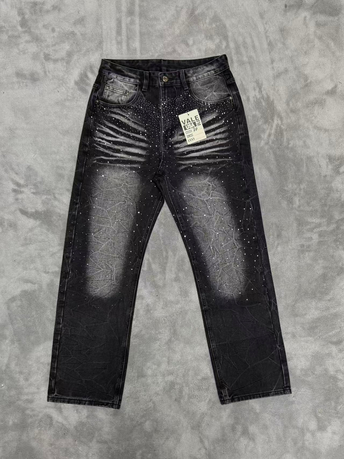 Zebra‑Striped Rhinestone Embellished Baggy Denim Pants, Vintage Washed‑Black Unisex Streetwear Jeans