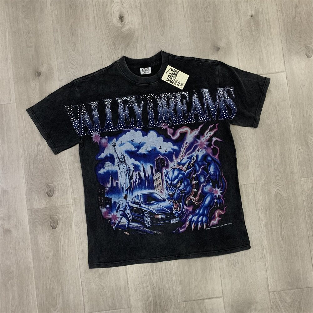 Black Vintage‑Wash Fantasy Graphic "Valley Dreams" Oversized Unisex T‑Shirt