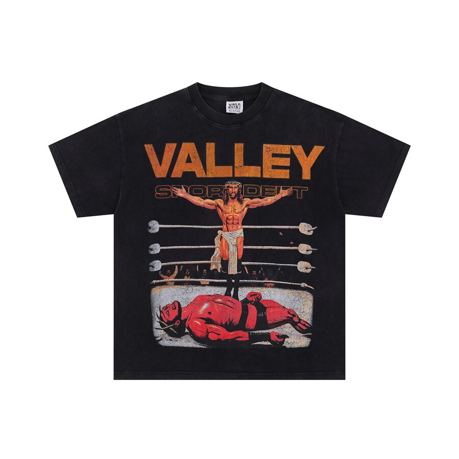 Black Vintage‑Wash Wrestler "Valley" Graphic Oversized Unisex T‑Shirt