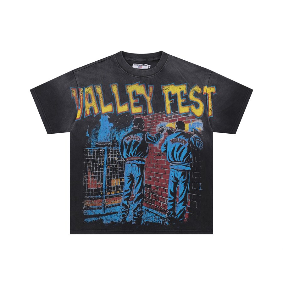 Black Vintage‑Wash Valley Fest Character Graphic Oversized Unisex T‑Shirt