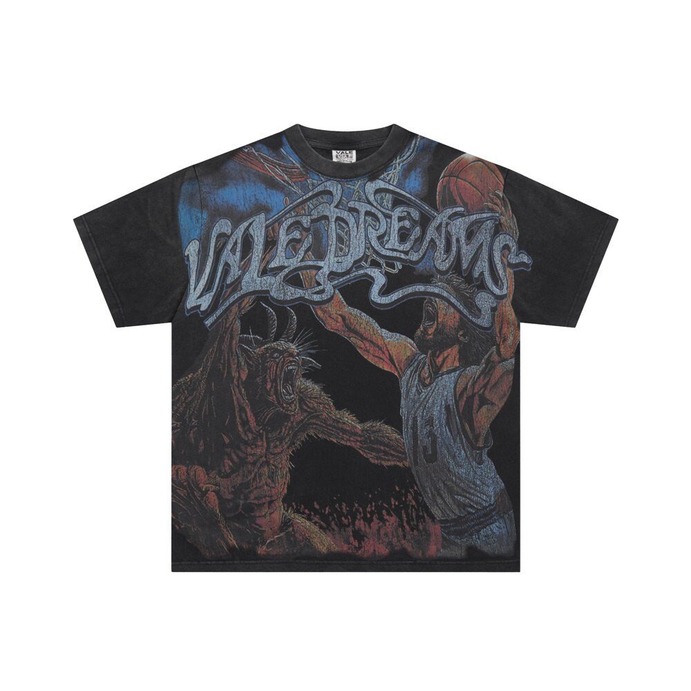 Black Vintage‑Wash Vale Dreams Monster Fighter Oversized Unisex T‑Shirt