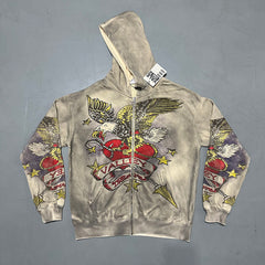 Valley Dreams Vintage Eagle Heart Tattoo‑Style Zip‑Up Hoodie, Washed Grey Oversized Streetwear Unisex Jacket