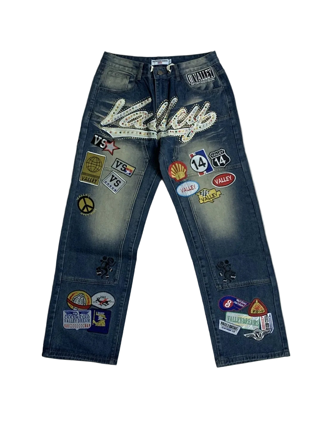 Valley Multi‑Patch Rhinestone Letter Baggy Jeans, Vintage Washed‑Blue Unisex Wide‑Leg Denim Pants