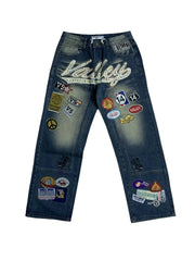 Valley Multi‑Patch Rhinestone Letter Baggy Jeans, Vintage Washed‑Blue Unisex Wide‑Leg Denim Pants
