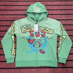 Green Valley Dreads Cartoon Peace‑Sign Graphic Zip‑Up Hoodie Unisex Oversized Jacket