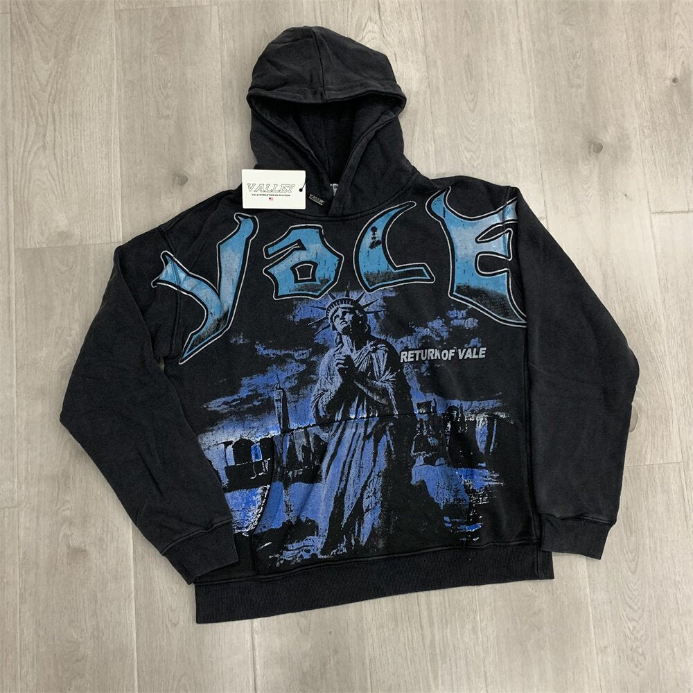 Black Washed‑out Valley Dreams Statue Of Liberty Graphic Zip‑Up Hoodie Unisex Oversized Jacket