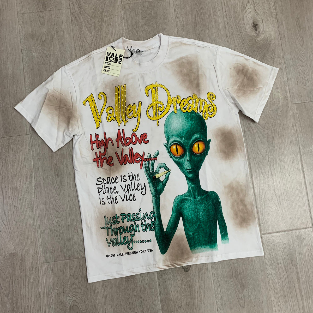 Stained‑Wash White Valley Dreams Alien Graphic Oversized Unisex T‑Shirt