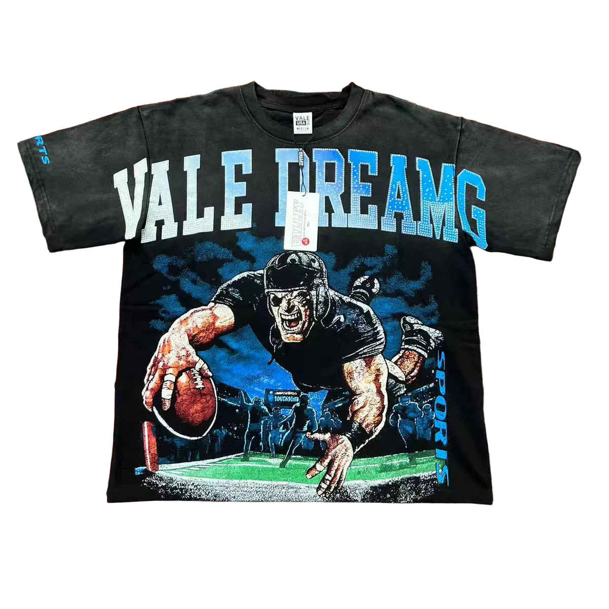 Black Vintage‑Wash Vale Dreams Football Ape Graphic Oversized Unisex T‑Shirt