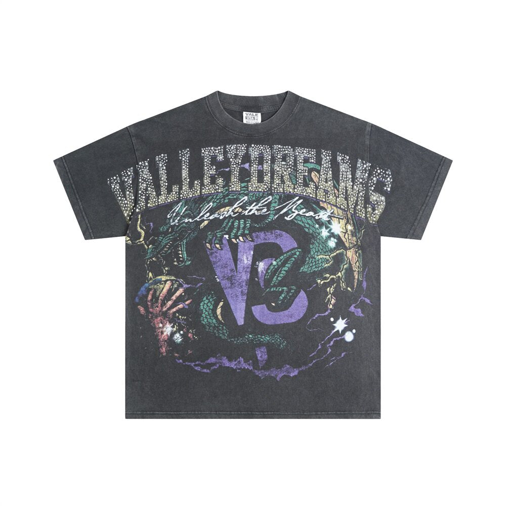 Black Vintage‑Wash "Valley Dreams" Letter Graphic Oversized Unisex T‑Shirt