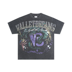 Black Vintage‑Wash "Valley Dreams" Letter Graphic Oversized Unisex T‑Shirt