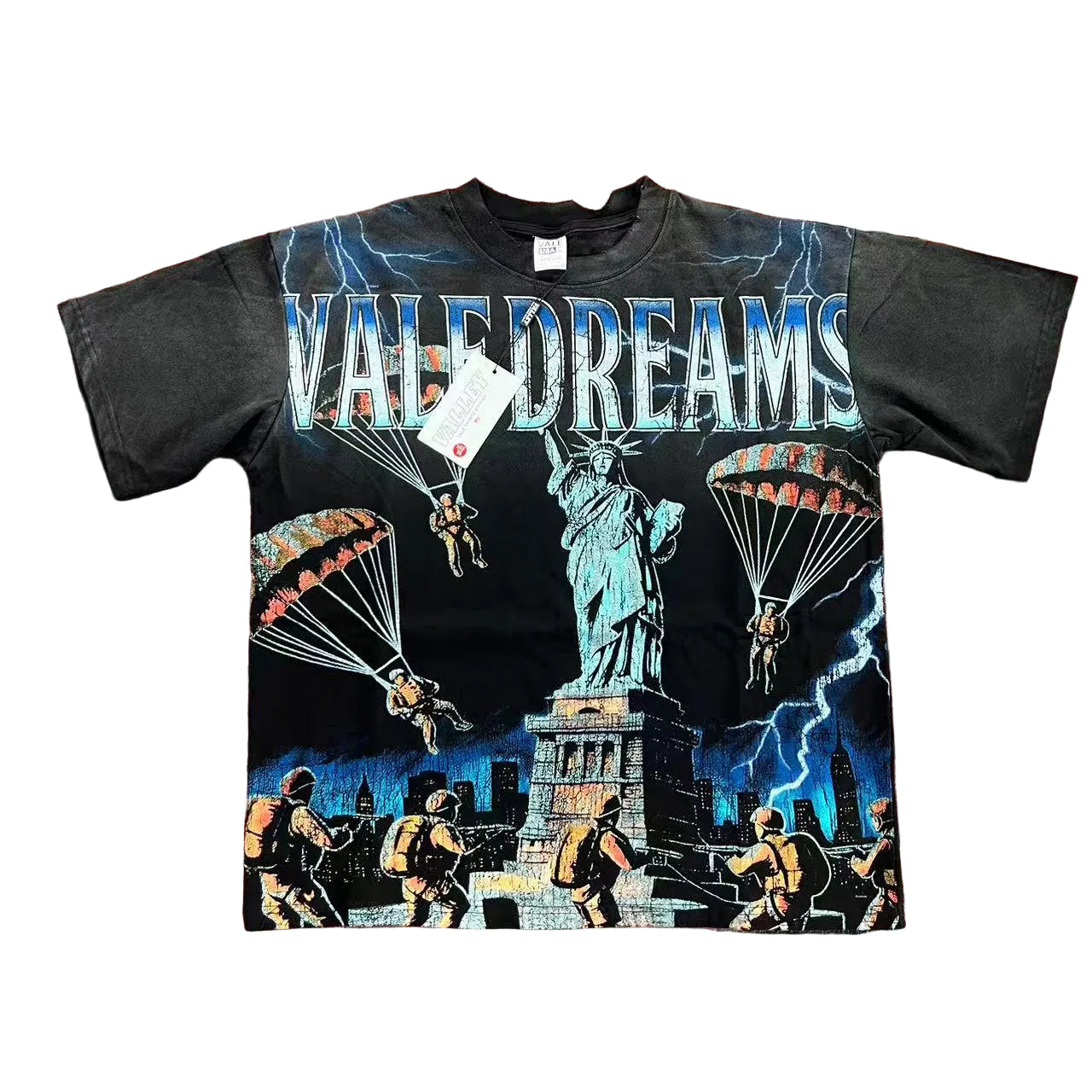 Black Vintage‑Wash Vale Dreams Statue of Liberty Graphic Oversized Unisex T‑Shirt