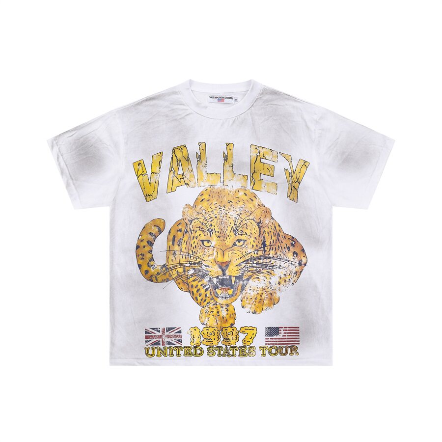 White Vintage‑Wash Leopard Graphic "Valley" Oversized Unisex T‑Shirt