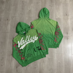Valley Dreams Rhinestone Letter Zip‑Up Hoodie, Green Vintage Distressed Tribal‑Sleeve Oversized Streetwear Unisex Jacket