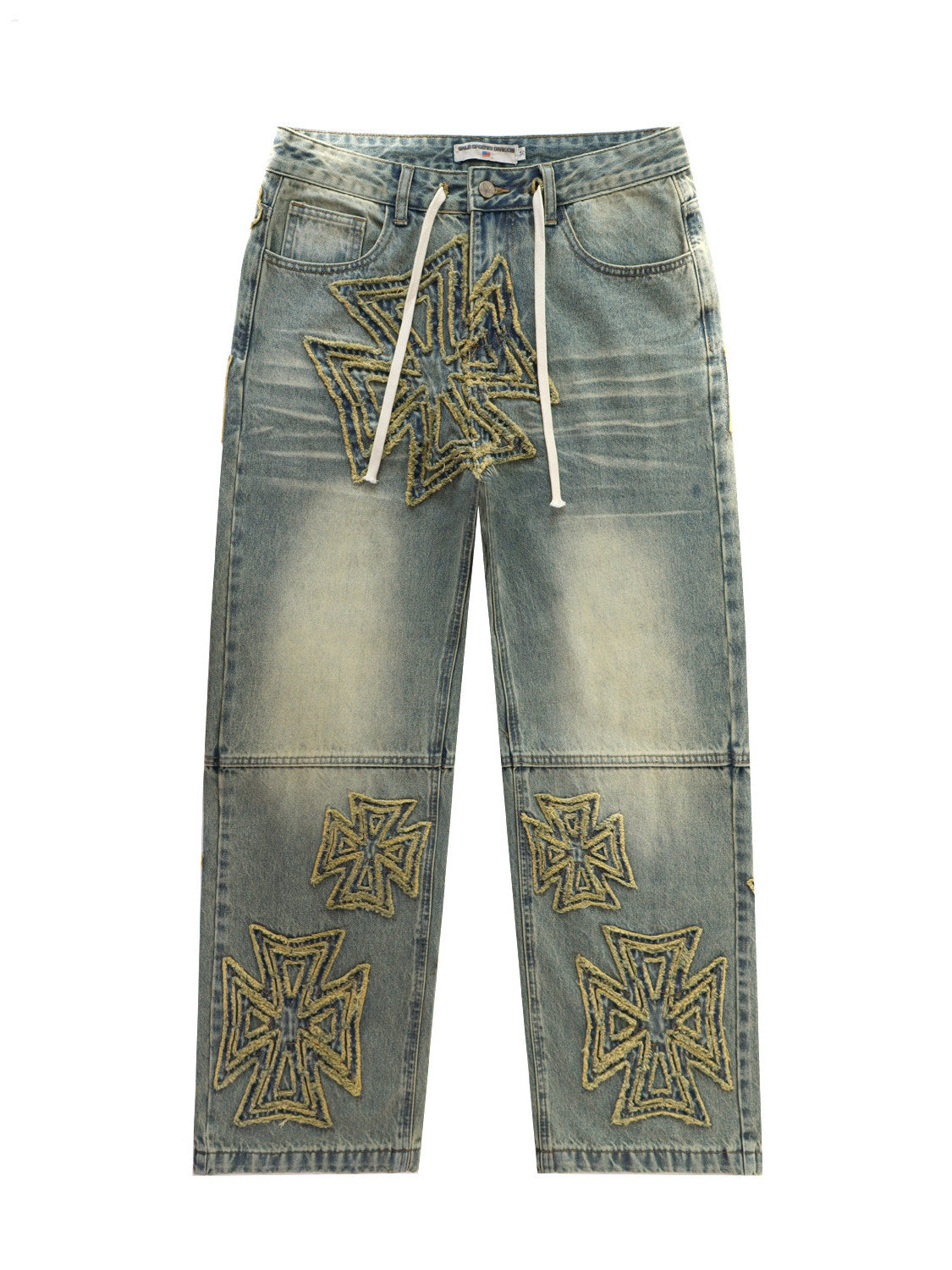 Vintage Cross‑Shaped Towel‑Embroidered Baggy Jeans, Washed‑Blue Unisex Streetwear Denim Pants