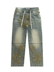 Vintage Cross‑Shaped Towel‑Embroidered Baggy Jeans, Washed‑Blue Unisex Streetwear Denim Pants